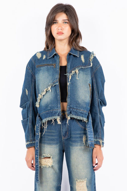 American Bazi Full Size Distressed Frayed Edge Zip Up Denim Jacket Plus Size | Jackets | 1