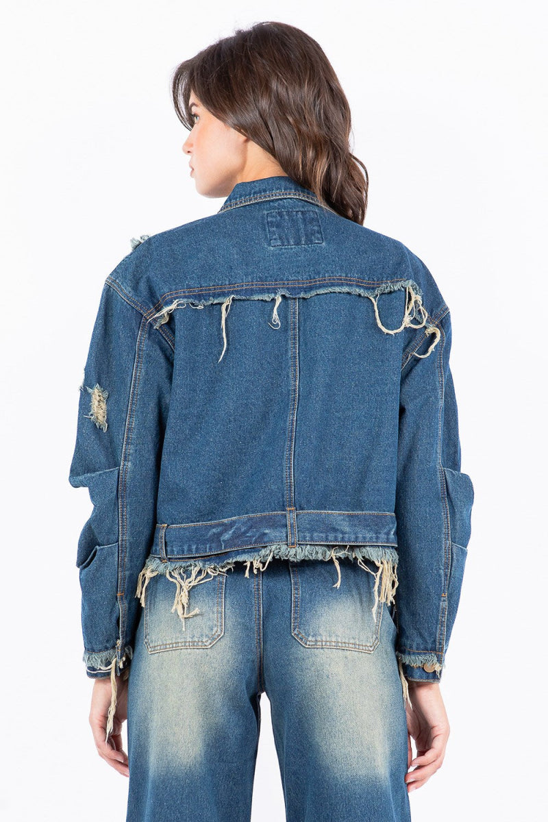 American Bazi Full Size Distressed Frayed Edge Zip Up Denim Jacket Plus Size | Jackets | 3