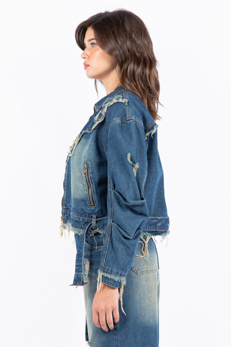 American Bazi Full Size Distressed Frayed Edge Zip Up Denim Jacket Plus Size | Jackets | 2