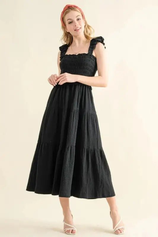 And The Why Smocked Ruffled Tiered Dress - Black / S - Dresses