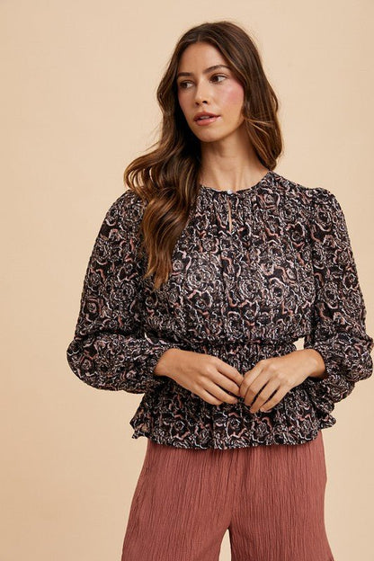 Annie Wear Abstract Print Balloon Sleeve Peplum Blouse | Tops | 4