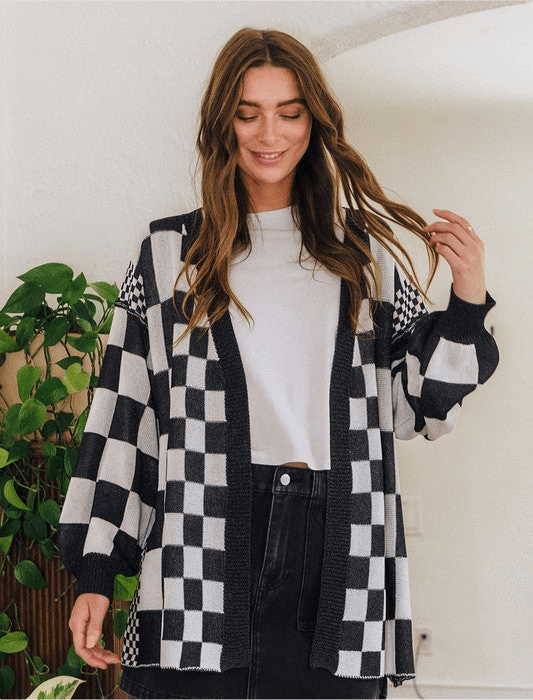 Annie Wear Checkered Open Front Drop Shoulder Cardigan | Cardigans | 1