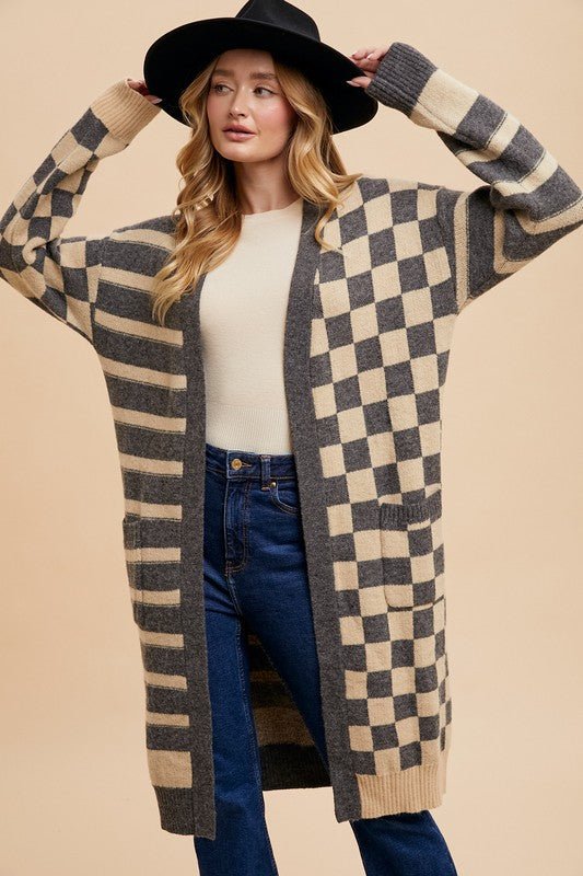 Annie Wear Checkered & Striped Open Front Long Sleeve Cardigan | Cardigans | 4