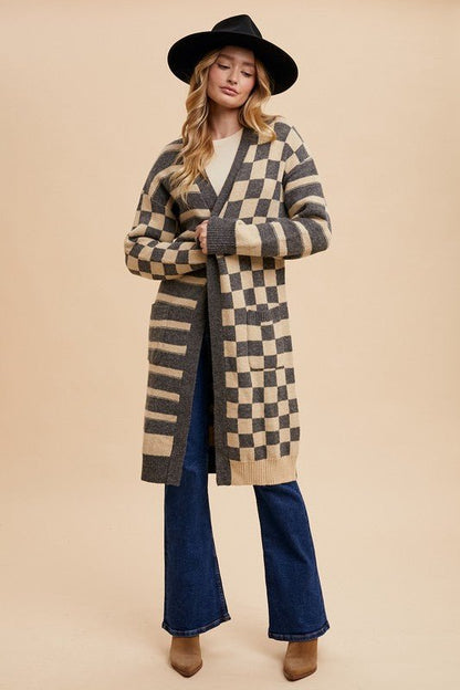 Annie Wear Checkered & Striped Open Front Long Sleeve Cardigan | Cardigans | 5