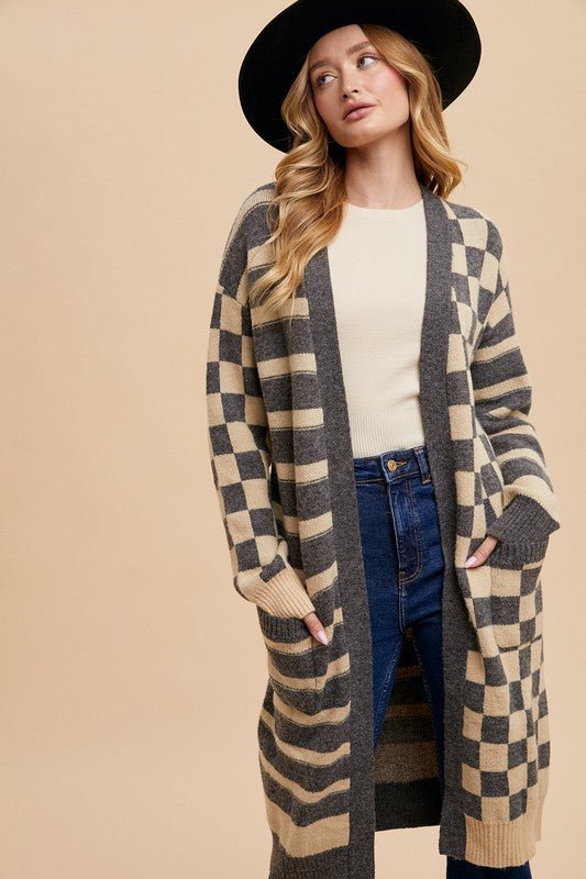 Annie Wear Checkered & Striped Open Front Long Sleeve Cardigan | Cardigans | 3