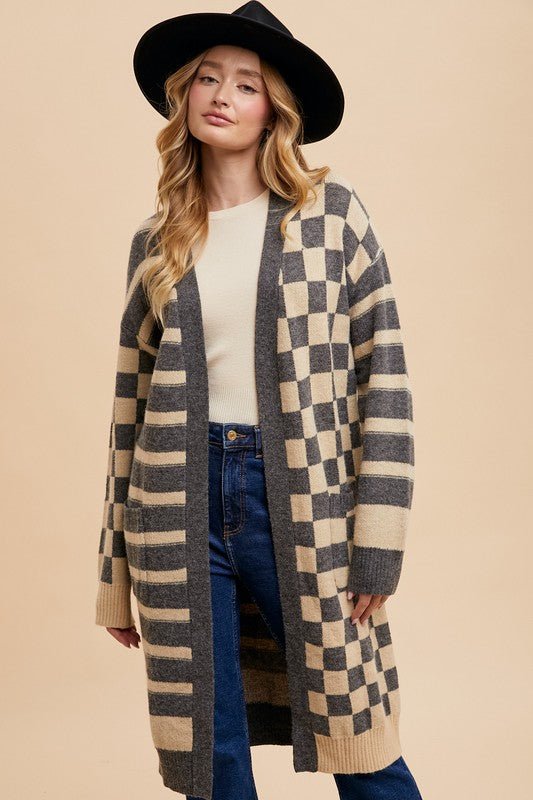 Annie Wear Checkered & Striped Open Front Long Sleeve Cardigan | Cardigans | 1