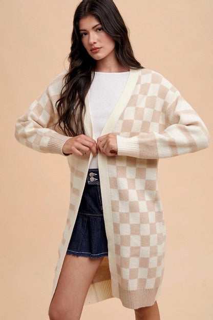 Annie Wear Checkered & Striped Open Front Long Sleeve Cardigan | Sweaters | 2