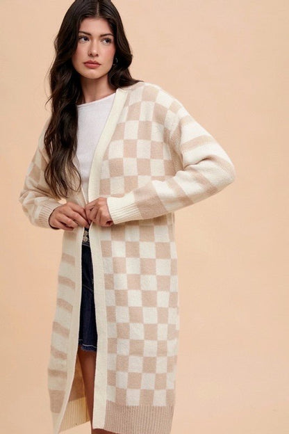 Annie Wear Checkered & Striped Open Front Long Sleeve Cardigan | Sweaters | 1