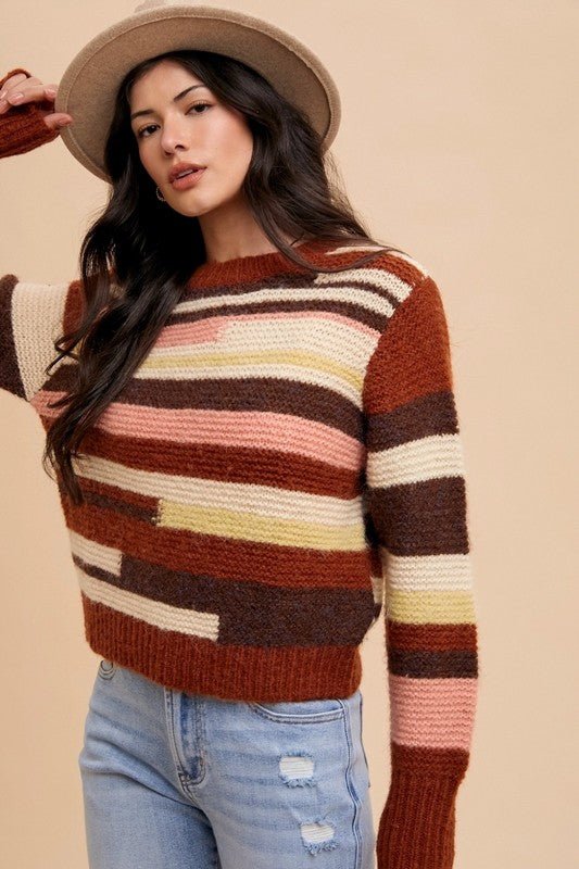 Annie Wear Color Block Round Neck Long Sleeve Sweater | Sweaters | 4