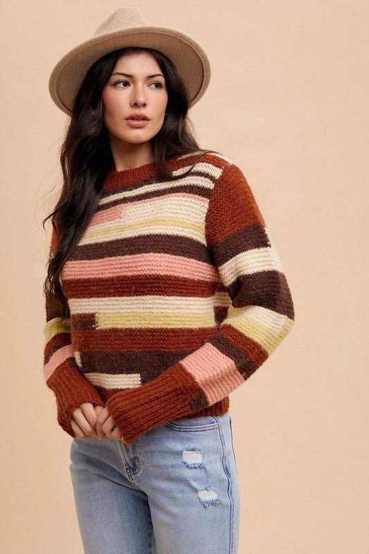 Annie Wear Color Block Round Neck Long Sleeve Sweater | Sweaters | 3