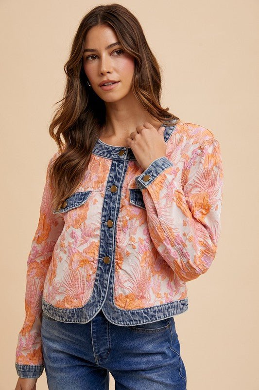 Annie Wear Floral Jacquard Denim Contrast Button Down Jacket | | 1