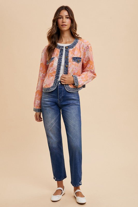 Annie Wear Floral Jacquard Denim Contrast Button Down Jacket | | 5