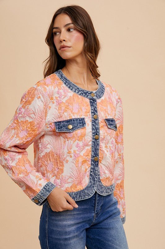 Annie Wear Floral Jacquard Denim Contrast Button Down Jacket | | 2