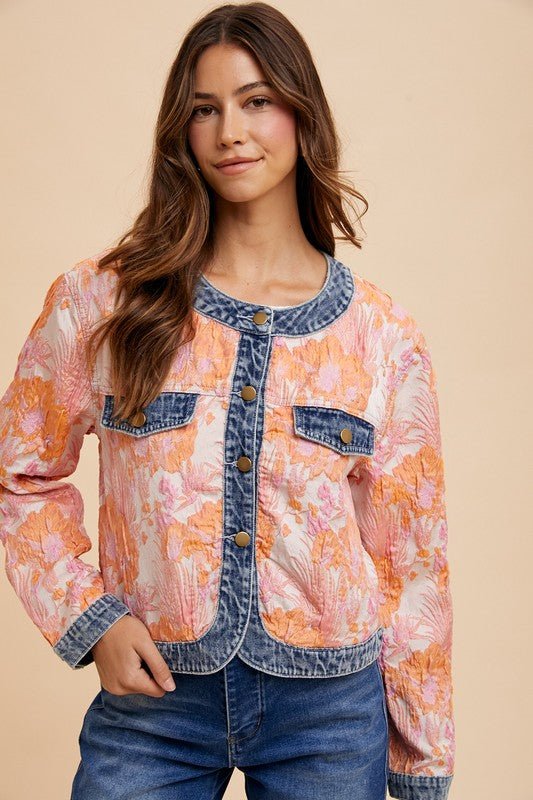 Annie Wear Floral Jacquard Denim Contrast Button Down Jacket | | 4