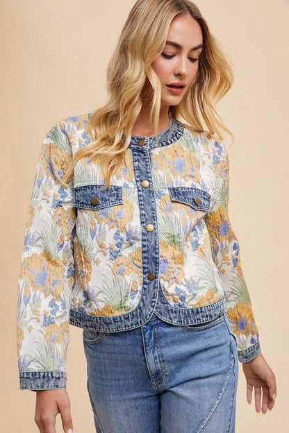 Annie Wear Floral Jacquard Denim Contrast Button Down Jacket | Jackets | 3