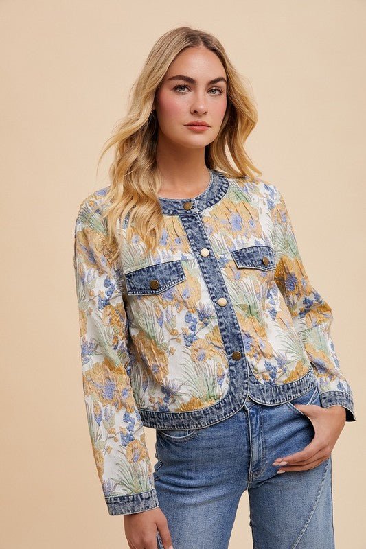 Annie Wear Floral Jacquard Denim Contrast Button Down Jacket | Jackets | 5