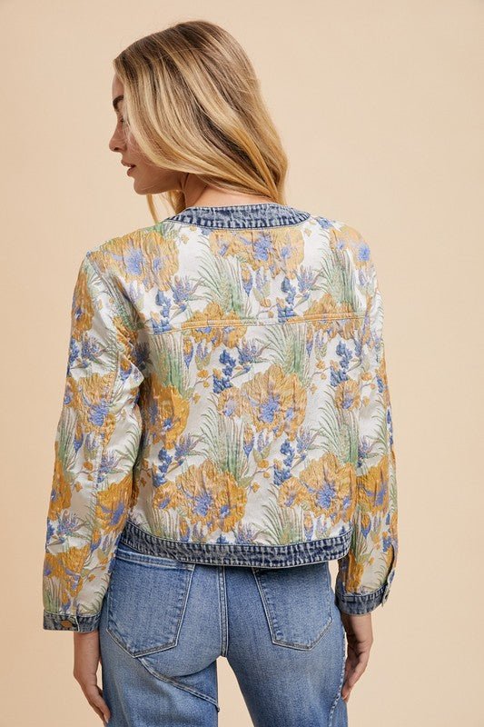 Annie Wear Floral Jacquard Denim Contrast Button Down Jacket | Jackets | 4