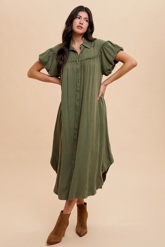 Annie Wear Mineral Washed Button Down Puff Sleeve Shirt Dress | Dresses | 1