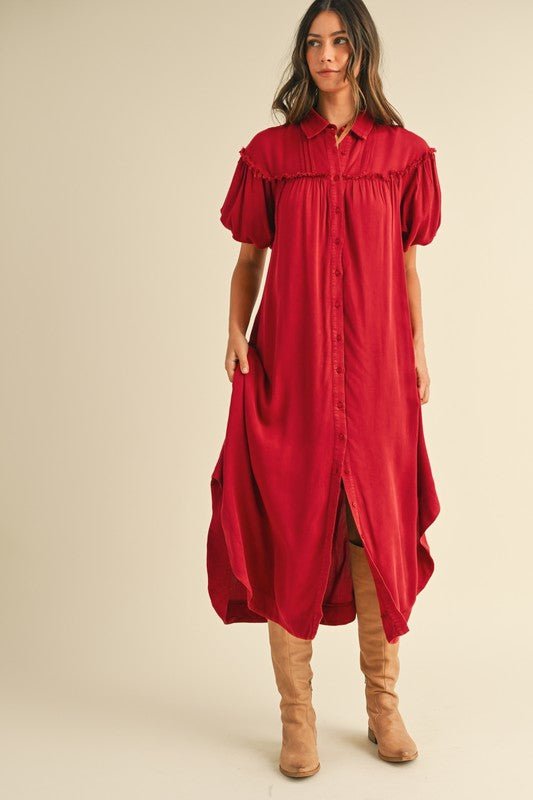 Annie Wear Mineral Washed Button Down Puff Sleeve Shirt Dress | Dresses | 4