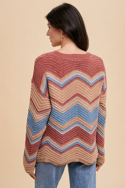 Annie Wear Multi Color Zig - Zag Round Neck Sweater | Sweaters | 4