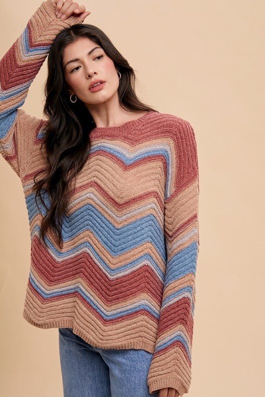 Annie Wear Multi Color Zig - Zag Round Neck Sweater | Sweaters | 5