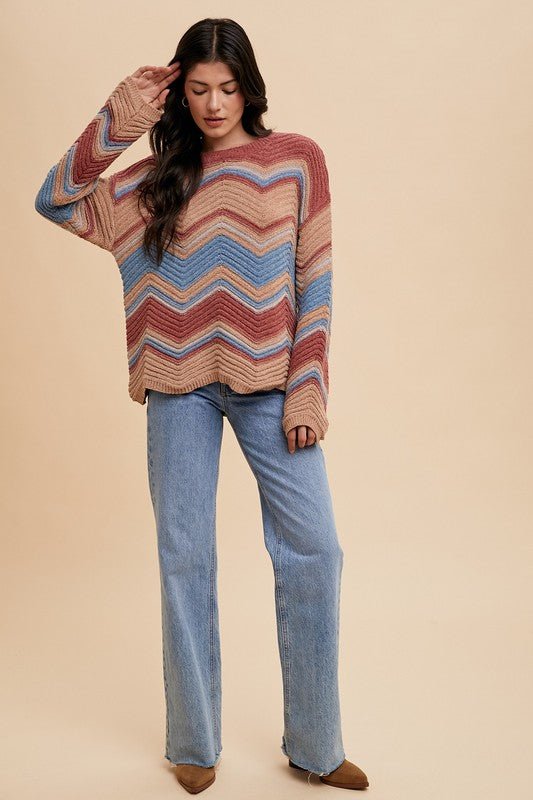 Annie Wear Multi Color Zig - Zag Round Neck Sweater | Sweaters | 7