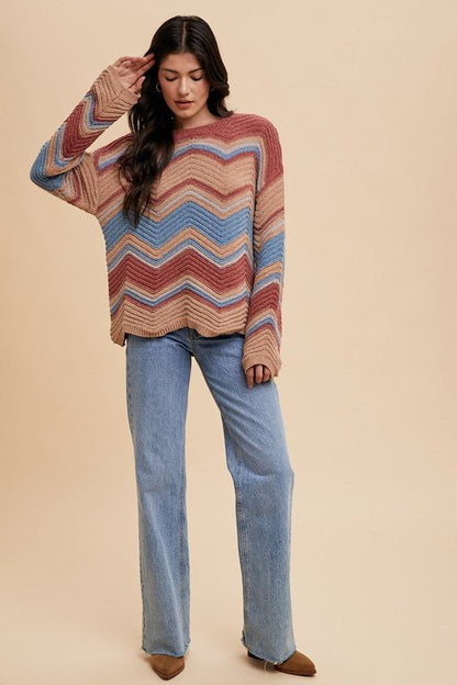 Annie Wear Multi Color Zig - Zag Round Neck Sweater | Sweaters | 7