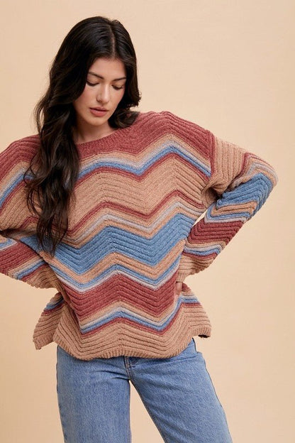 Annie Wear Multi Color Zig - Zag Round Neck Sweater | Sweaters | 3