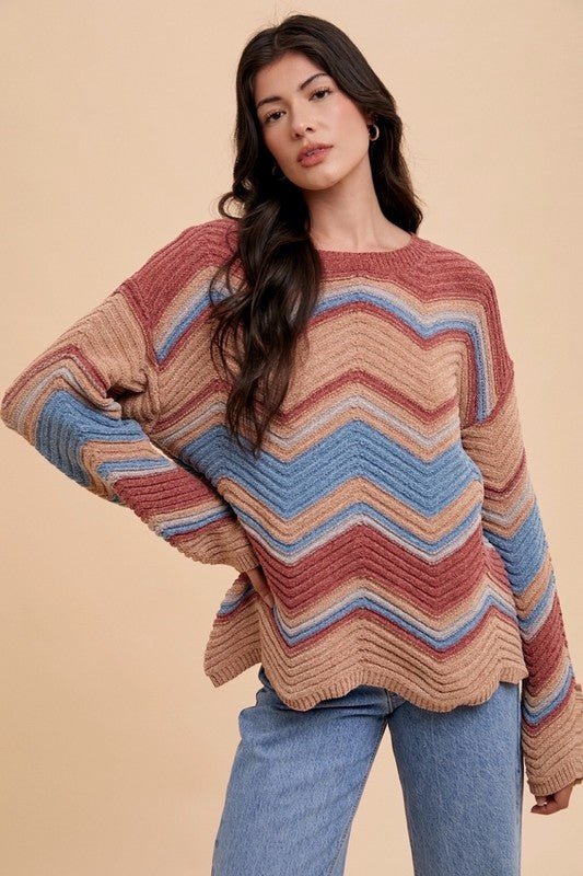 Annie Wear Multi Color Zig - Zag Round Neck Sweater | Sweaters | 6