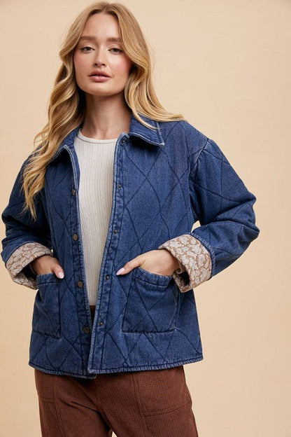 Annie Wear Quilted Printed Lining Snap Down Denim Jacket | Jackets | 4