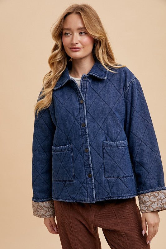 Annie Wear Quilted Printed Lining Snap Down Denim Jacket | Jackets | 1