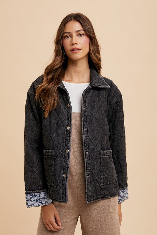 Annie Wear Quilted Printed Lining Snap Down Denim Jacket | Jackets | 4