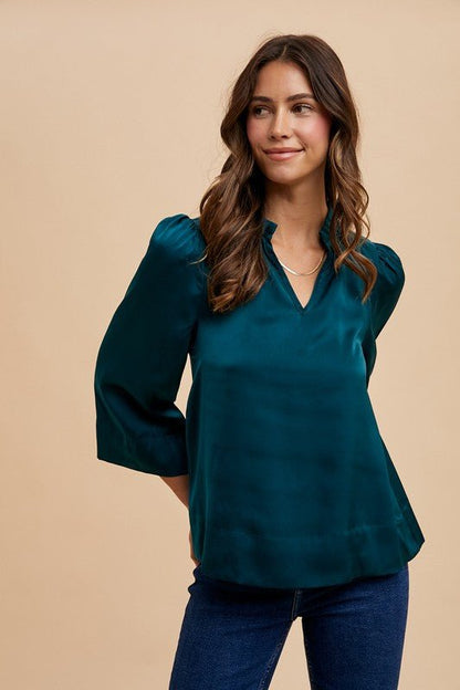 Annie Wear Satin Notched Three - Quarter Sleeve Blouse | Tops | 2