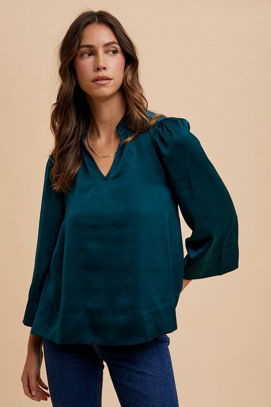 Annie Wear Satin Notched Three - Quarter Sleeve Blouse | Tops | 4