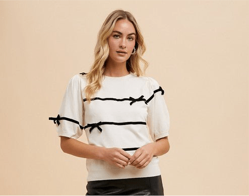 Annie Wear Striped Bow Round Neck Knit Top | Tops | 1