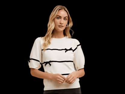 Annie Wear Striped Bow Round Neck Knit Top | Tops | 1