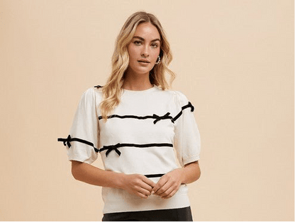 Annie Wear Striped Bow Round Neck Knit Top | Tops | 5