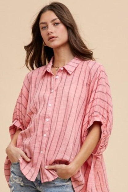 Annie Wear Striped Button Up Half Sleeve Shirt | Tops | 2