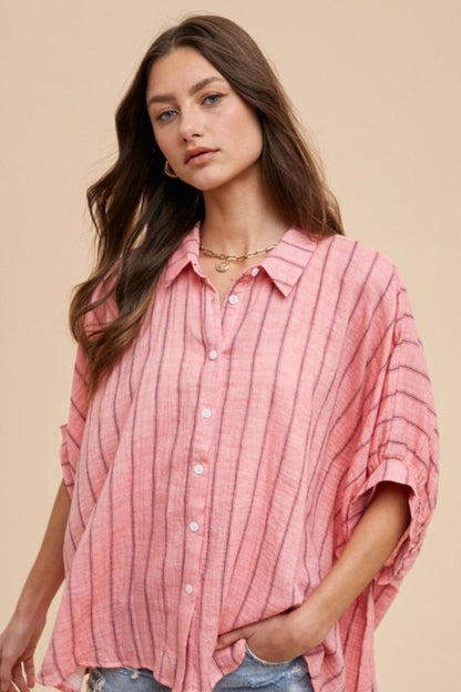 Annie Wear Striped Button Up Half Sleeve Shirt | Tops | 1