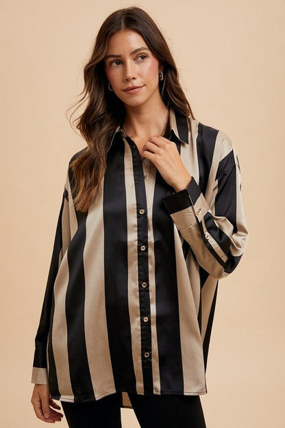 Annie Wear Striped Dropped Shoulder Button Up Shirt | Tops | 1