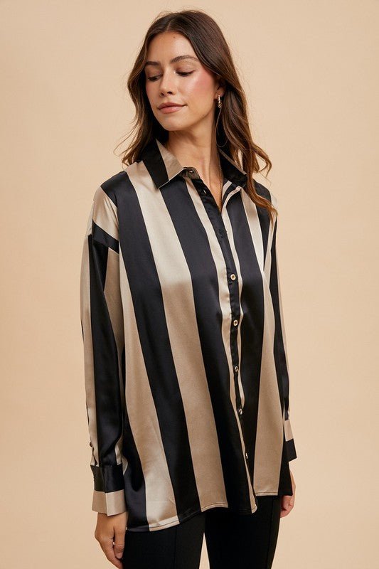 Annie Wear Striped Dropped Shoulder Button Up Shirt | Tops | 3