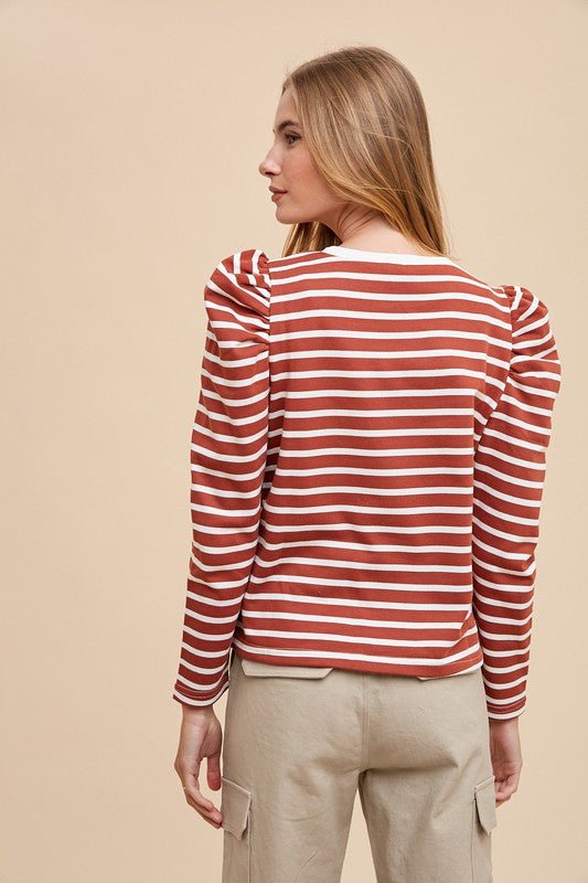 Annie Wear Striped Round Neck Puff Sleeve French Terry Top | Tops | 4