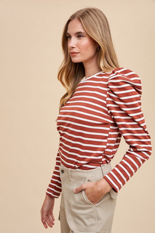 Annie Wear Striped Round Neck Puff Sleeve French Terry Top | Tops | 3