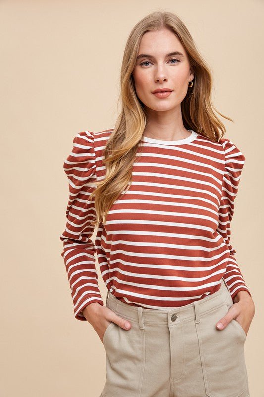 Annie Wear Striped Round Neck Puff Sleeve French Terry Top | Tops | 2