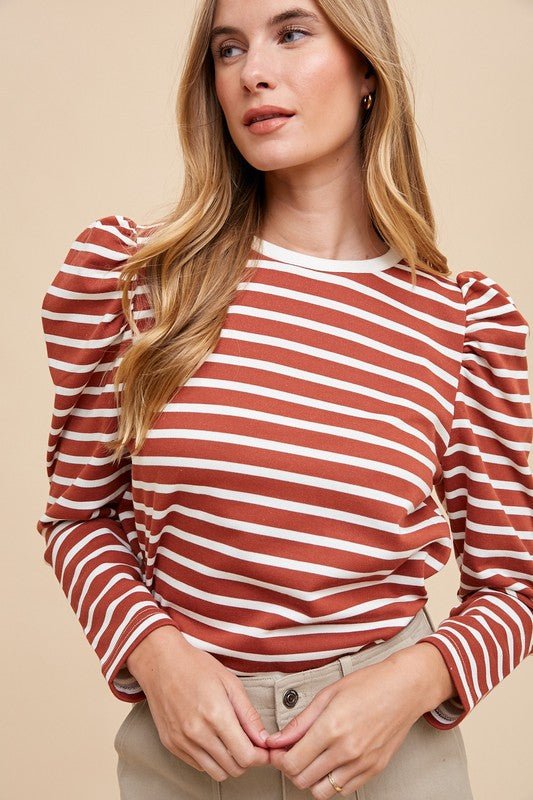 Annie Wear Striped Round Neck Puff Sleeve French Terry Top | Tops | 1