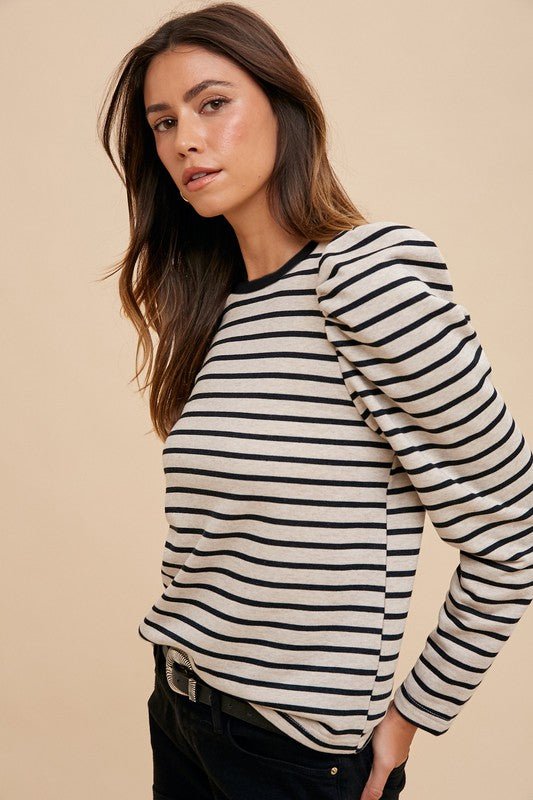 Annie Wear Striped Round Neck Puff Sleeve French Terry Top | Tops | 2