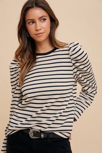 Annie Wear Striped Round Neck Puff Sleeve French Terry Top | Tops | 3