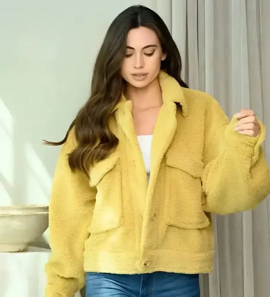 Bailey Faux Fur Jacket In Yellow - Small - Jackets woman yellow sherpa jacket