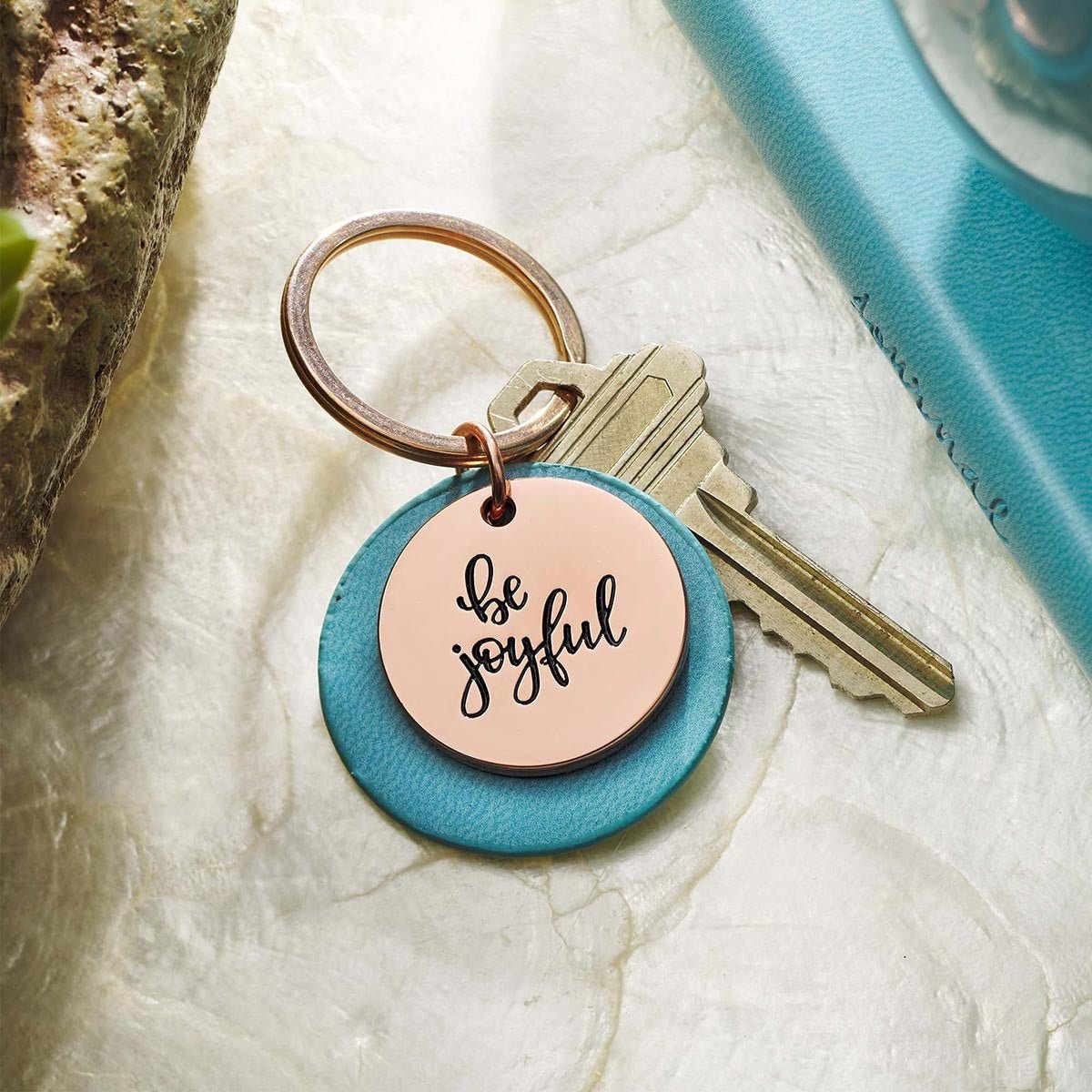 Be Joyful Rose Gold Key Ring with Teal Disc | Keychains | 1