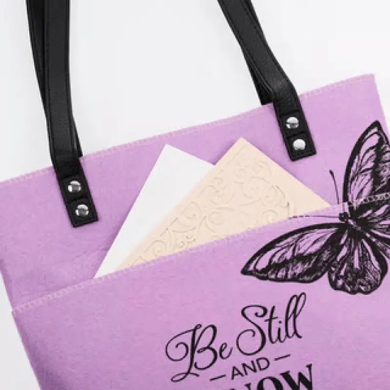Be Still and Know Purple Butterfly Fashion Felt Bible Tote Bag - Psalm 46:10